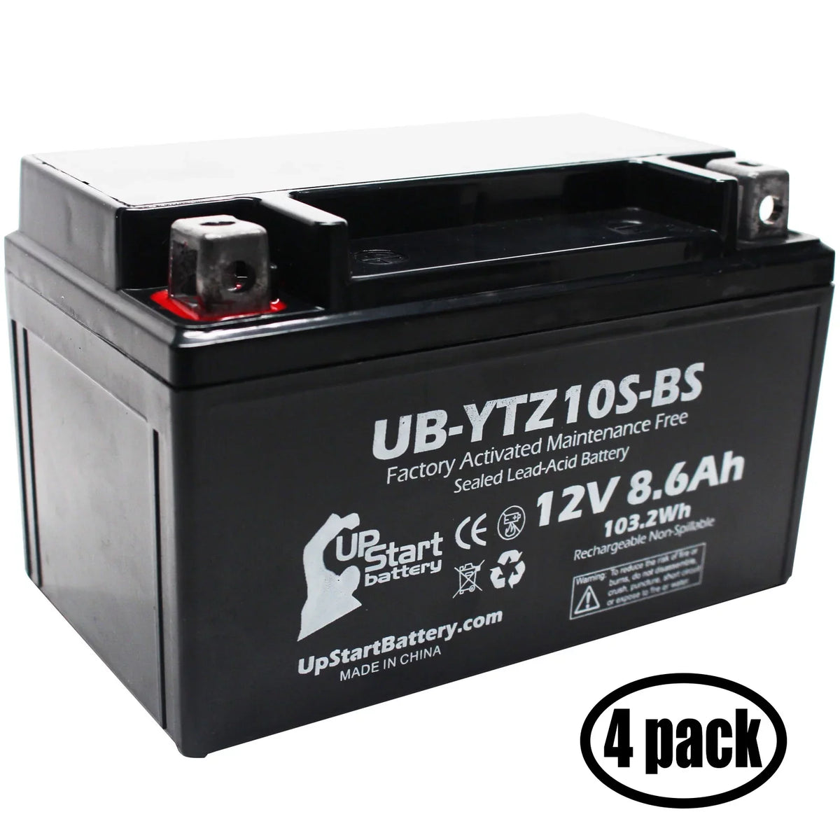 4-Pack UpStart Battery Replacement for 2011 Yamaha -R1 1000CC Factory Activated, Maintenance Free, Motorcycle Battery - 12V, 8.6Ah, -YTZ10S-