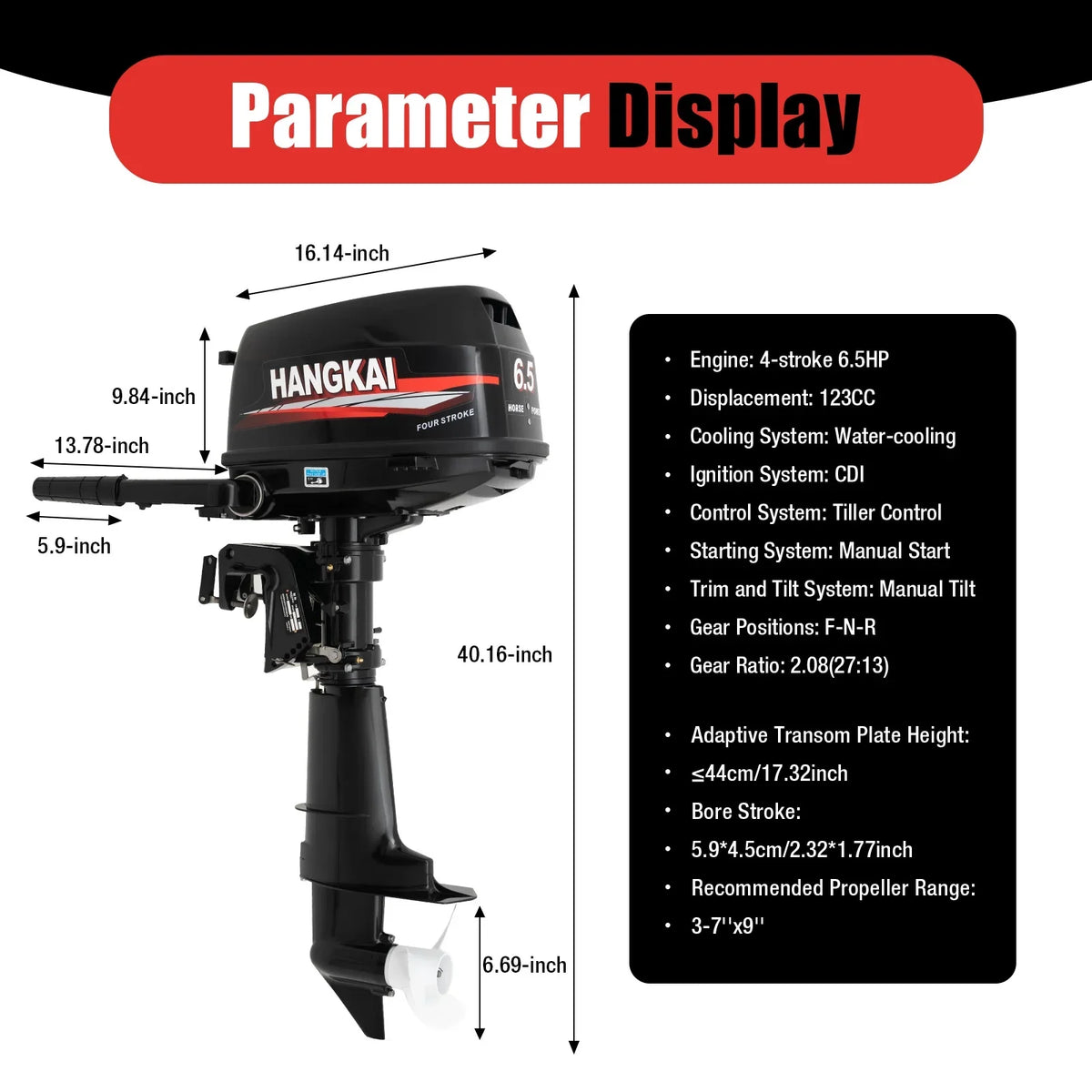 Anqidi 6.5HP 4 Stroke Outboard Motor 123CC Heavy Duty Boat Engine with Single Cylinder Water Cooling System &  Ignition Tiller Control Max 6000r/min