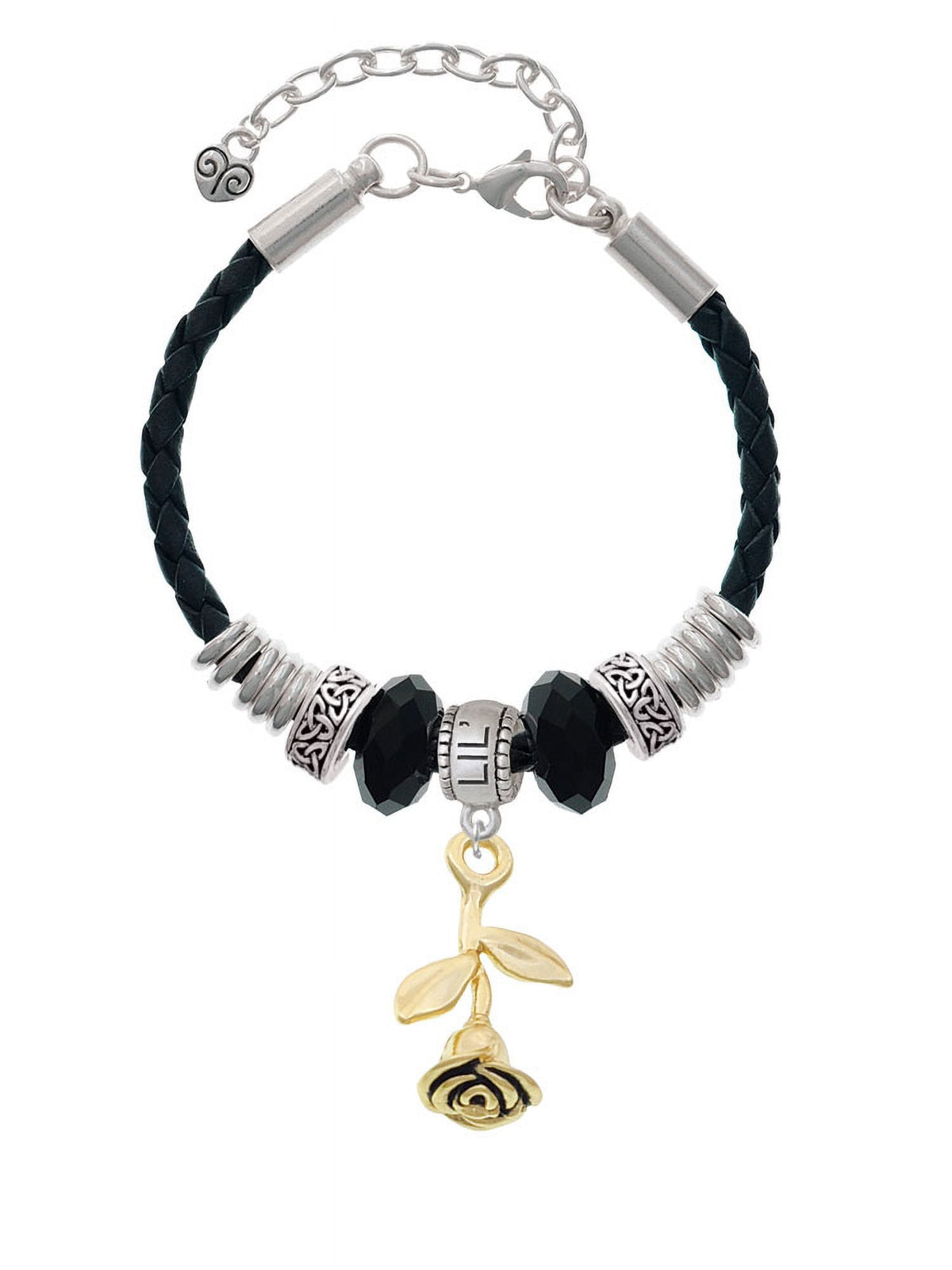 Delight Jewelry Goldtone Stemmed Rose Lil Sister Celtic Knot Leather Bead Bracelet, 7"+2" Extender