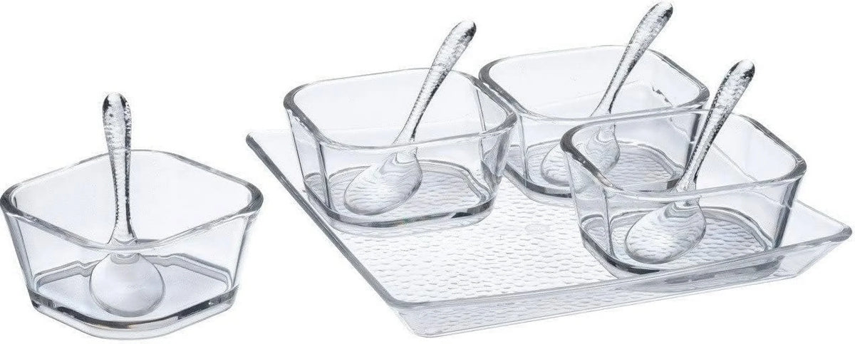 Clear Premium Serving Set With Spoons (7.75" X 7.75" X 1", Pack Of 6) - Perfect For Parties, Events, & Dining