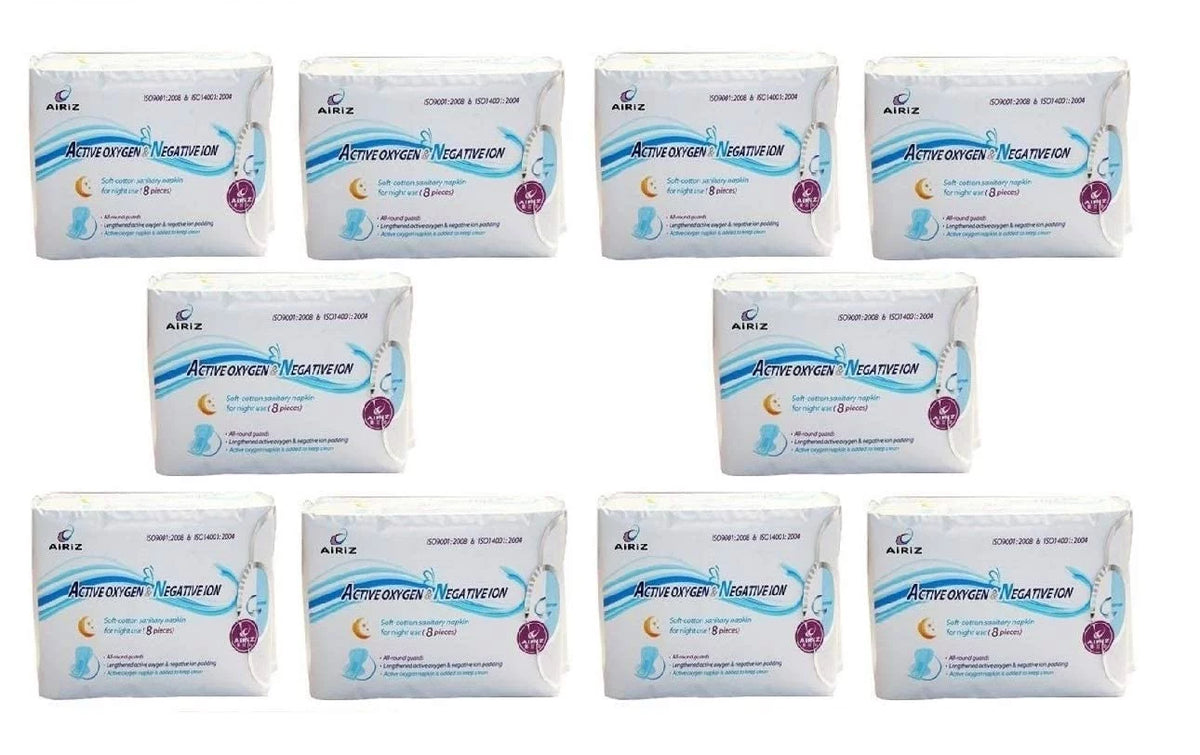 Airiz Active Oxygen & Negative Ion Relax Soft Cotton Sanitary Napkin For Night Use -(80 Pads In 10 Pack) Sanitary Napkin/Pad