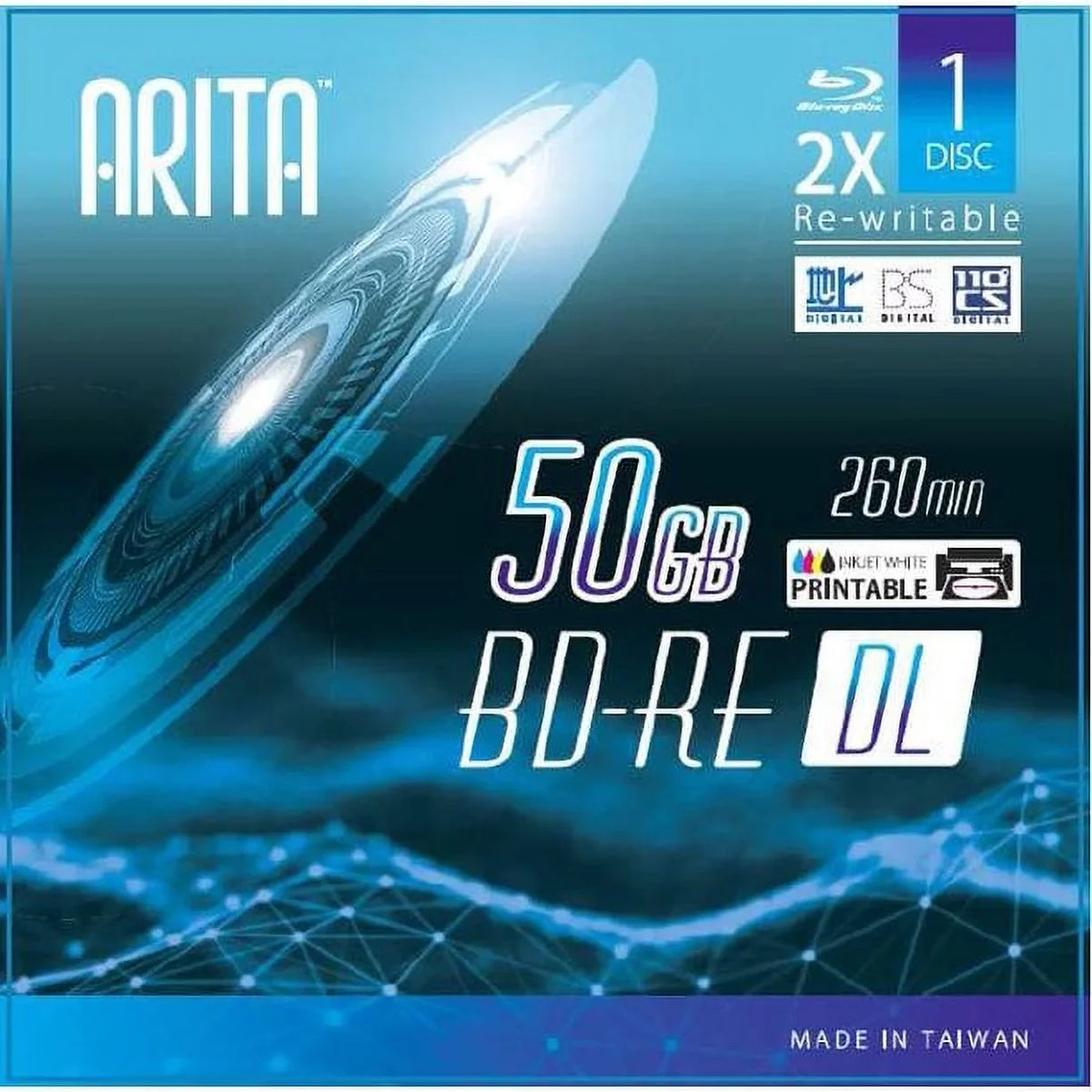10 Pack Arita -  Rewritable 50GB Double Layers 2X 260Min White Inkjet Hub Printable Blank Disc w/ Jewel Case