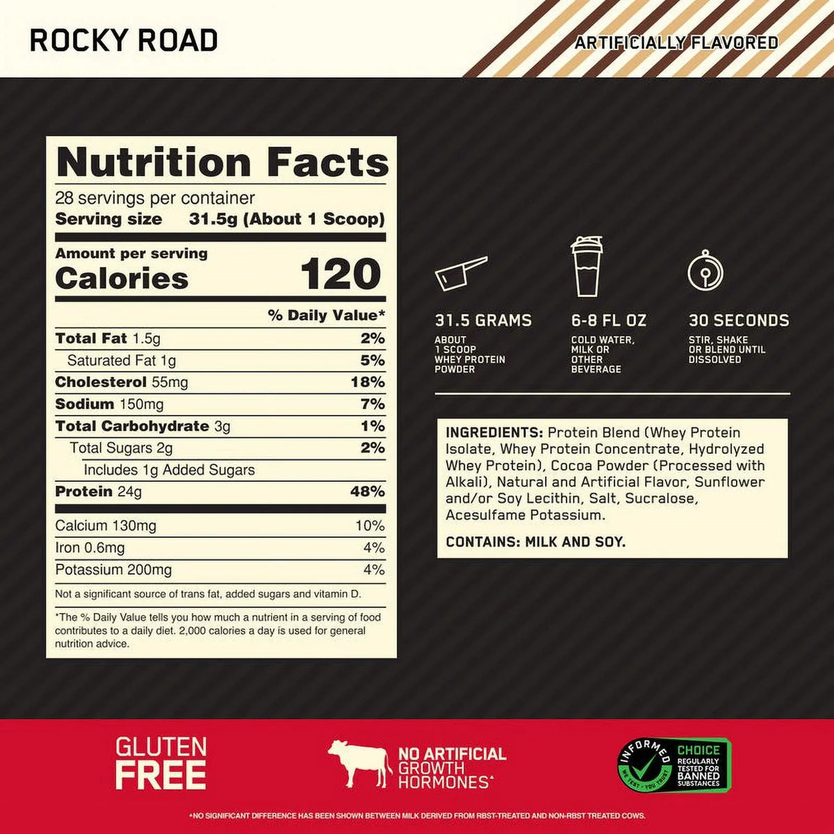 Optimum Nutrition, Gold Standard 100% Whey Protein Powder, Rocky Road, 2 lb, 28 Servings