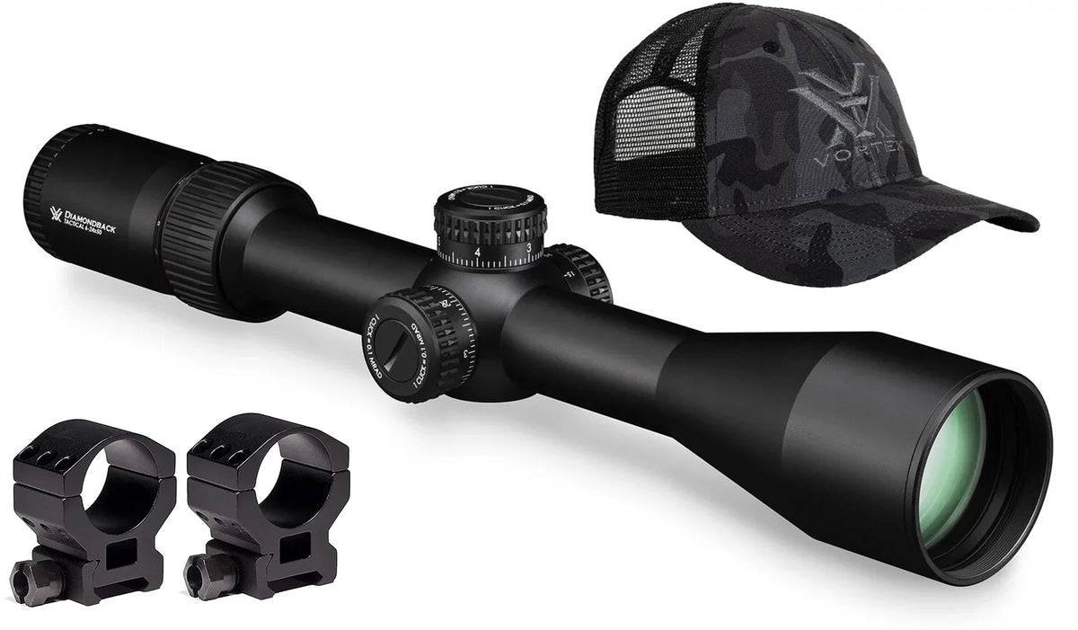 Vortex Optics Diamondback Tactical 6-24x50  -2C () Riflescope with Vortex High Rings (1.18in, 30mm) and Free Hat Bundle