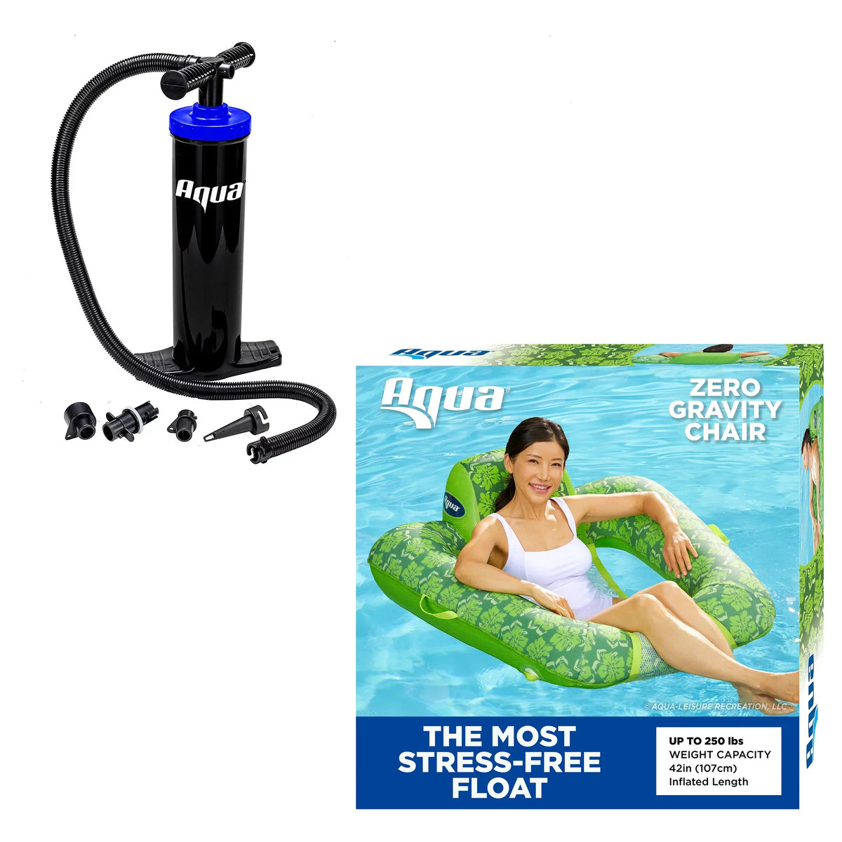 Aqua Leisure 0 Gravity Swimming Pool Lounge Chair Float, Green w/ Hand Pump