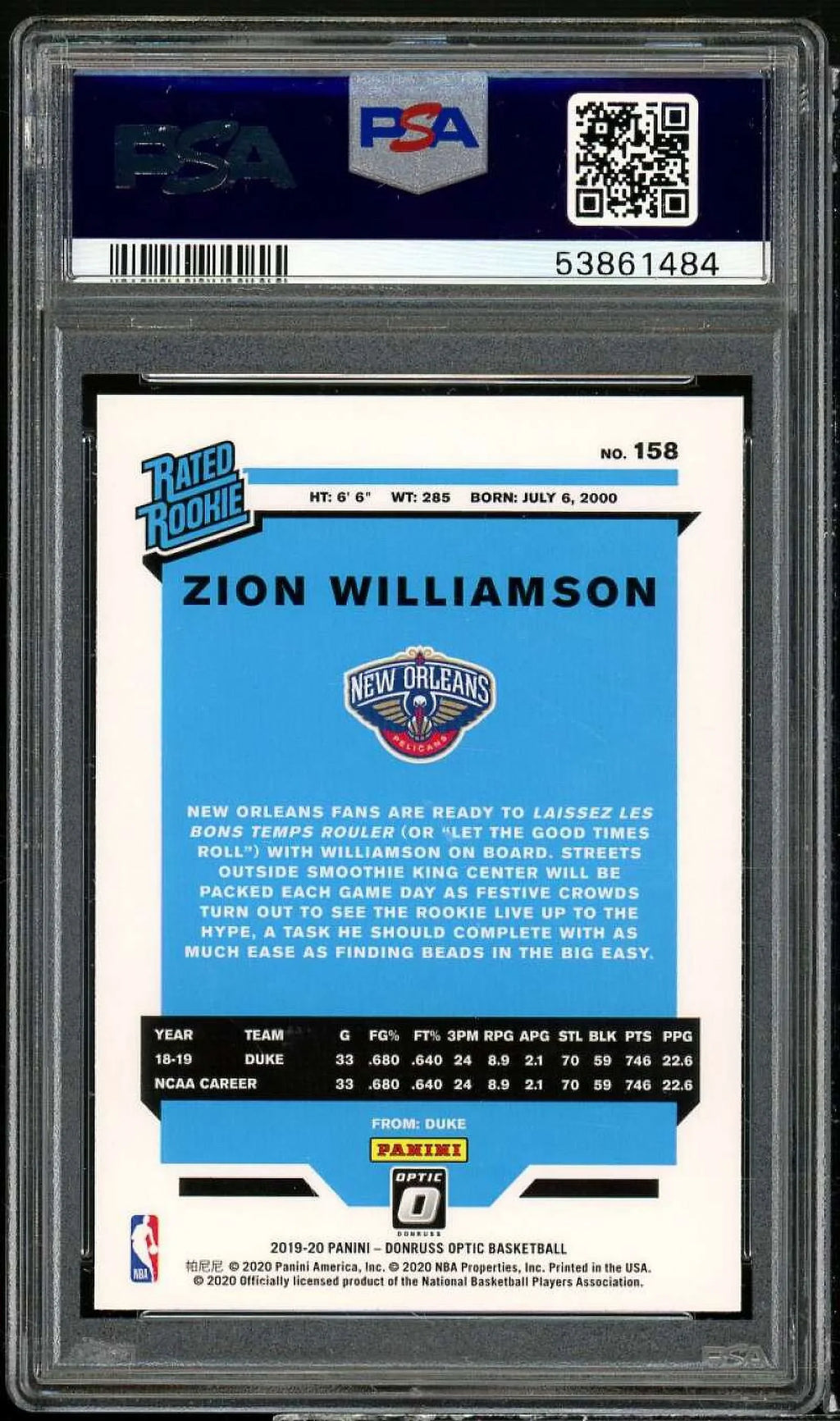 Zion Williamson Rookie Card 2019-20 Panini Donruss Optic #158  9