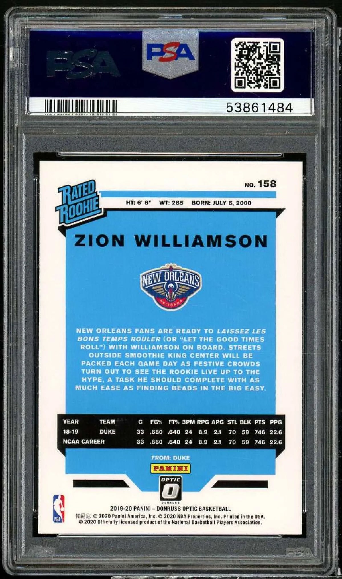 Zion Williamson Rookie Card 2019-20 Panini Donruss Optic #158  9