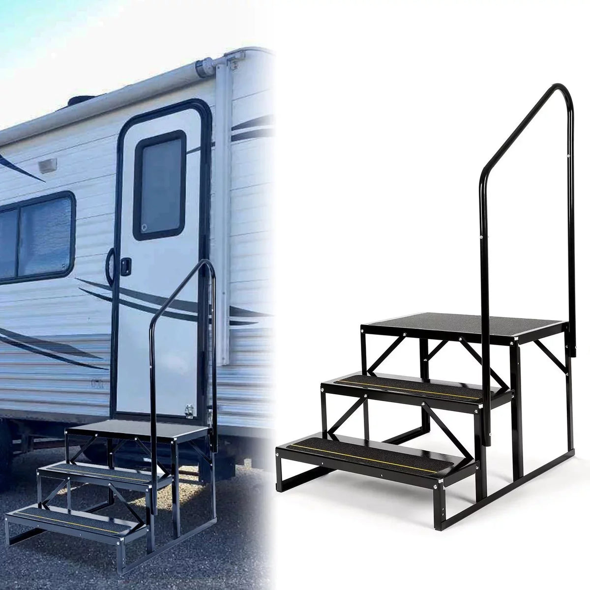 Universal 3 Steps Stairs Steel for  Travel Trailer Camper Trailer W/ Side Load Hand-railing Armrest Hand Rail